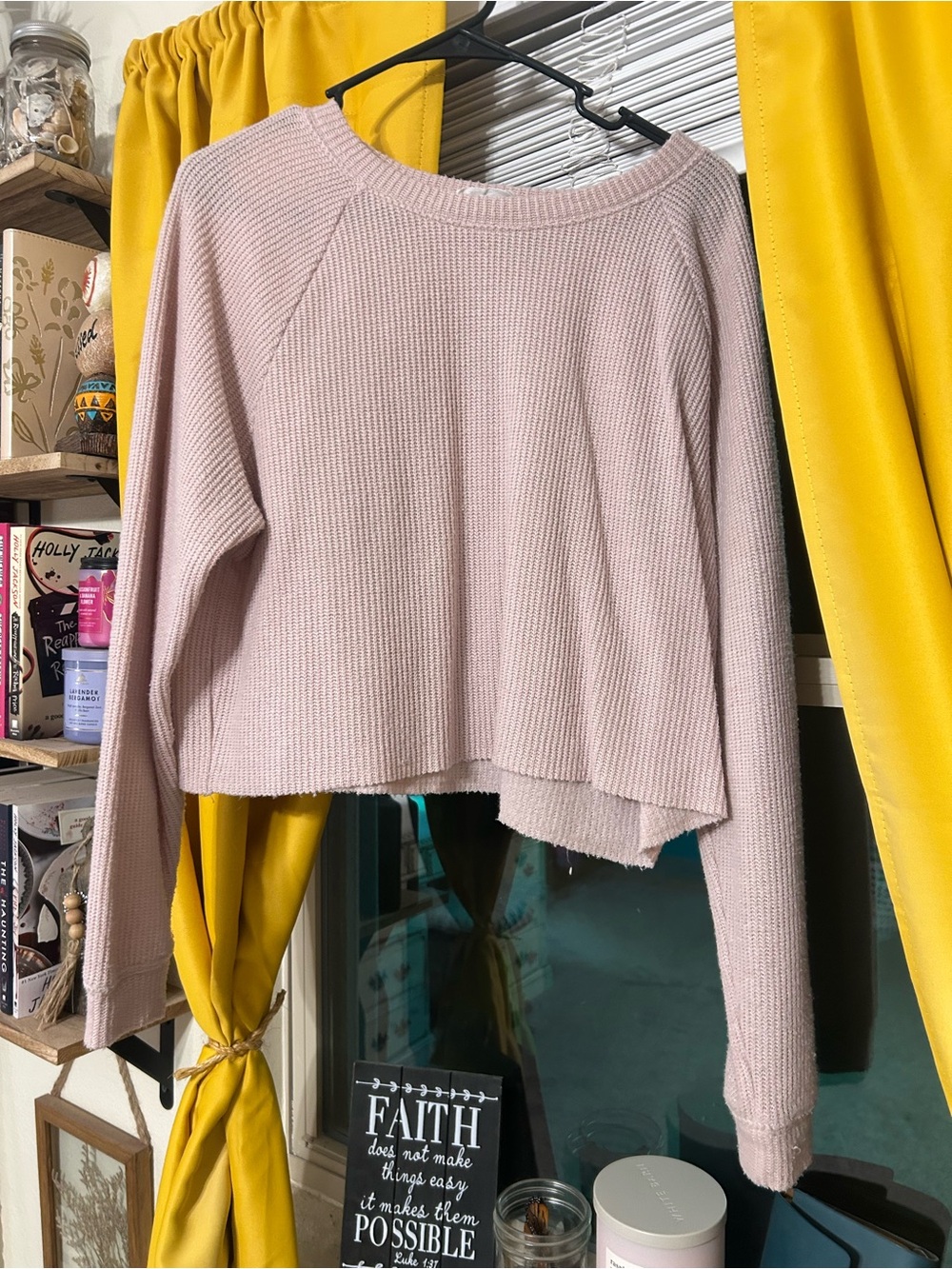 Cropped Waffle Knit Pullover Sweater - Dusty Pink